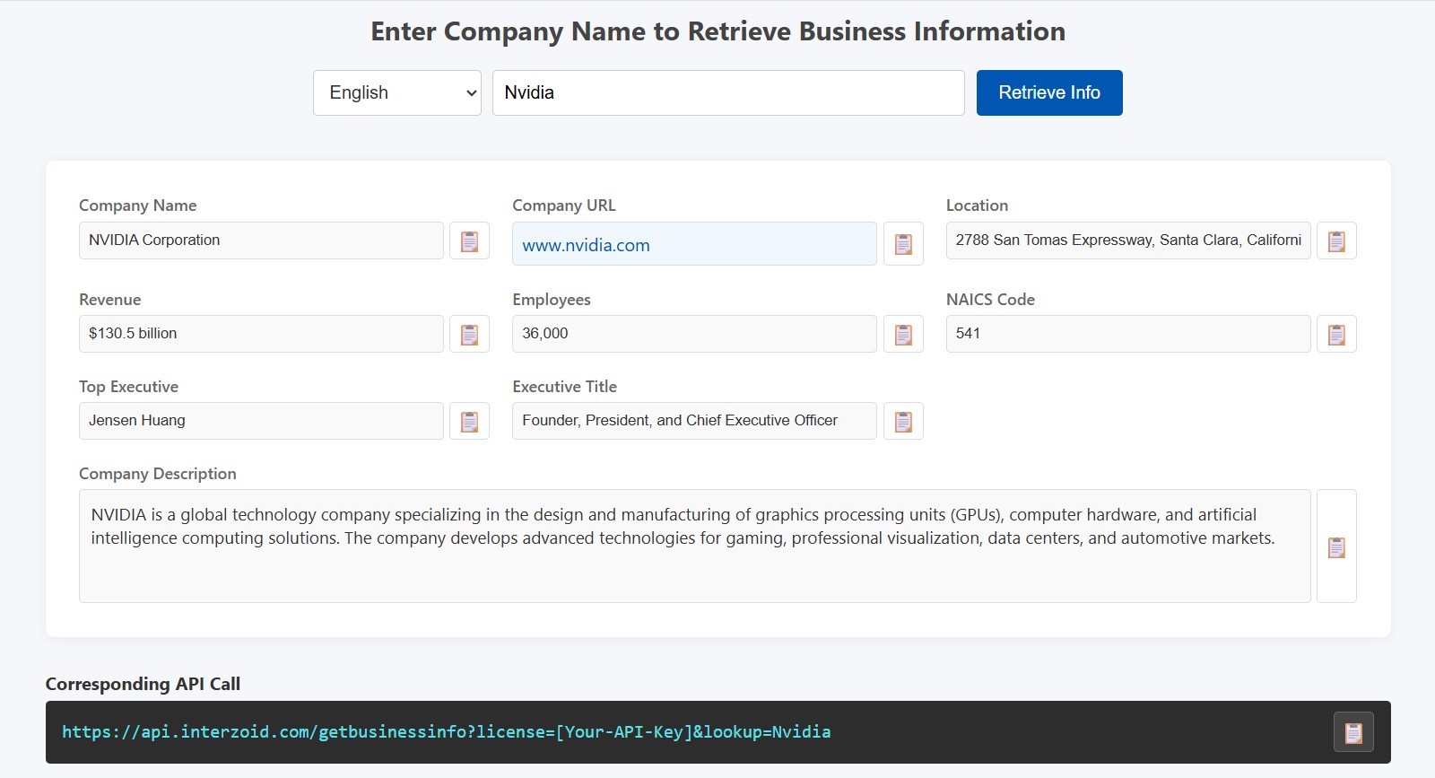Interzoid Business Information Interactive GUI
