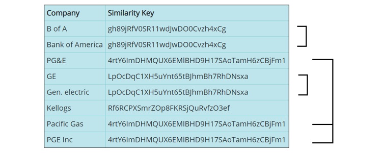 Table of inconsistent company names and similarity key generation for data matching and standardization API