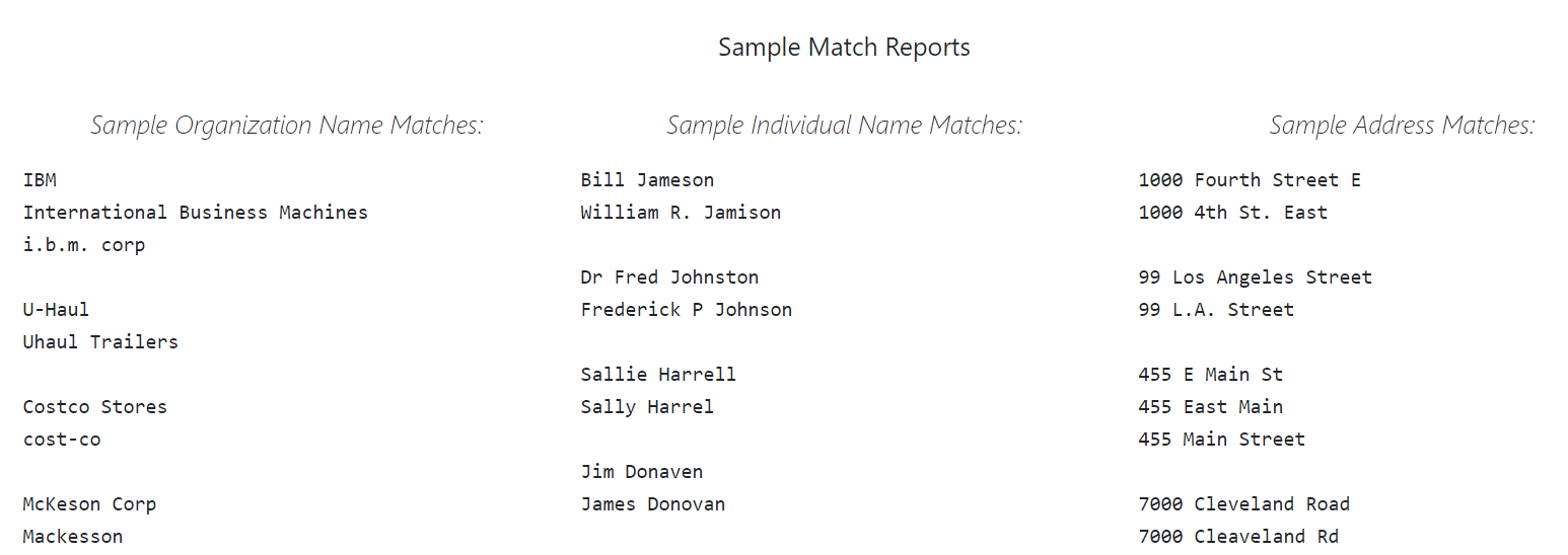 Data Quality Match Report