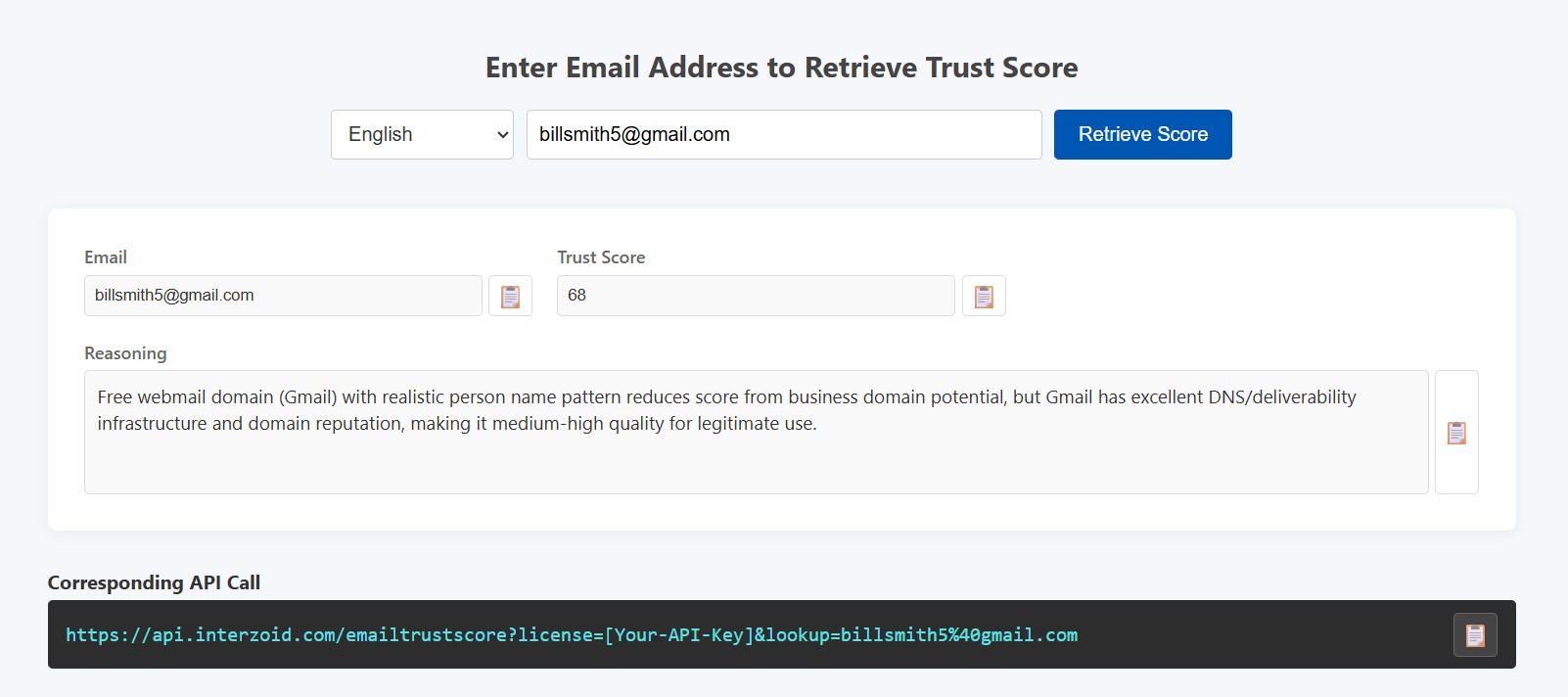 Interzoid Email Trust Score Interactive GUI
