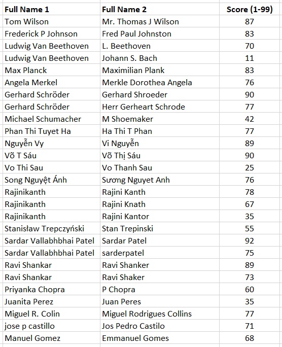 Global Individual Name Matching Similarity Scores