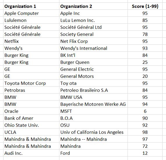 Global Organizaion Name Matching Similarity Scores