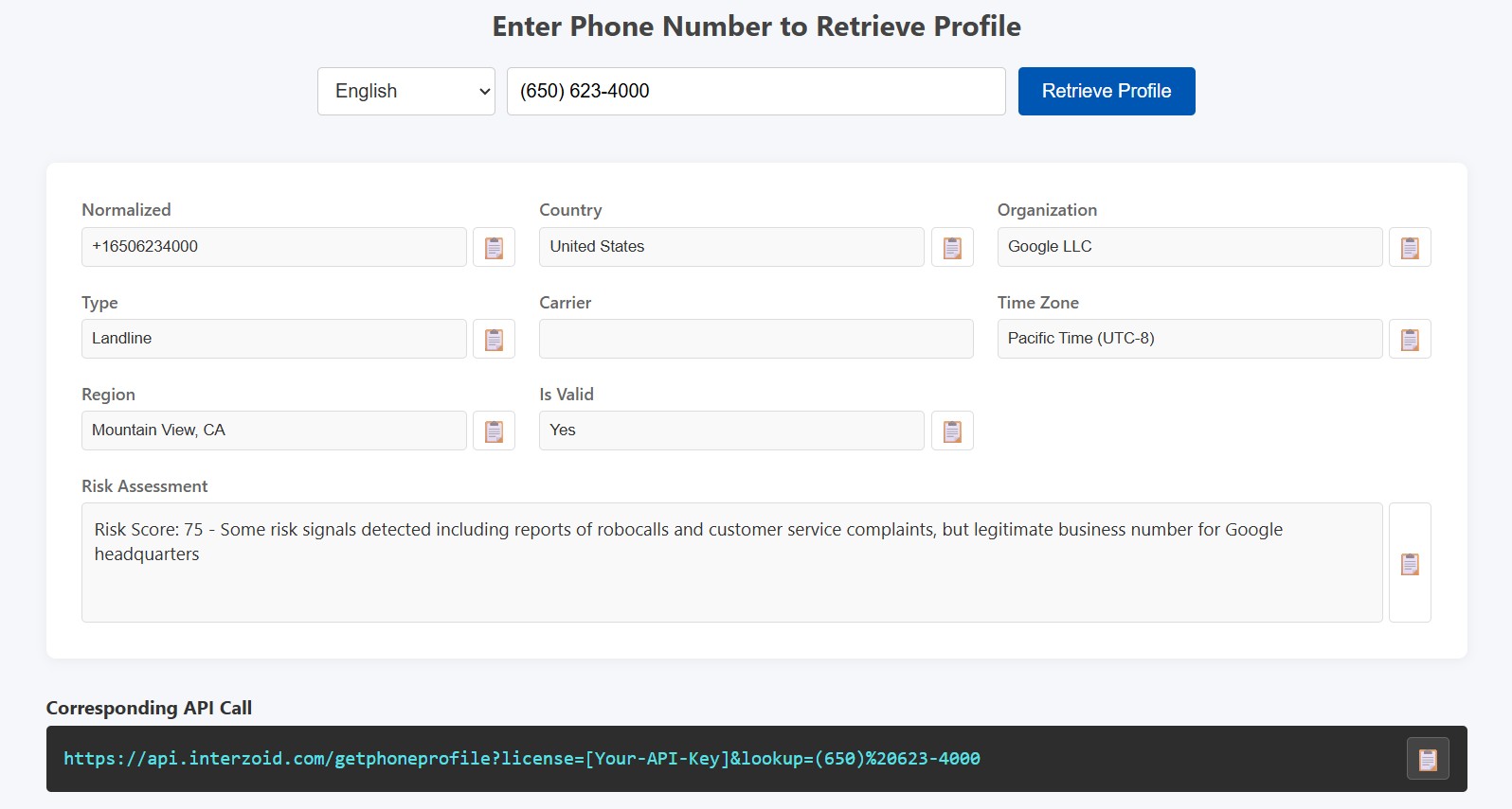 Interzoid Phone Number Profile Interactive GUI