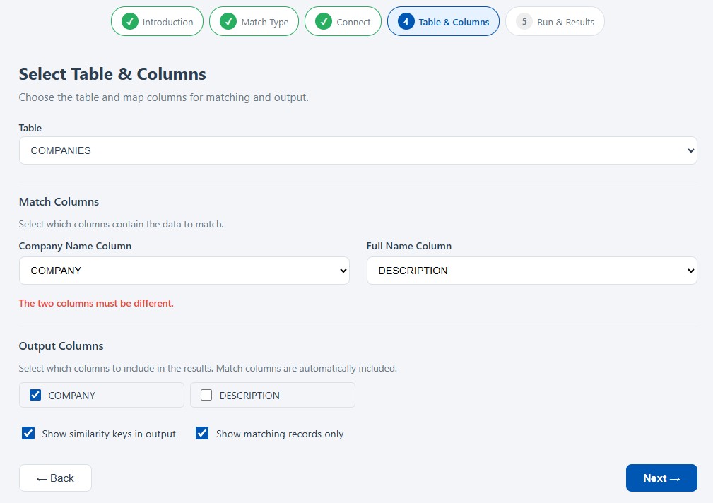 Snowflake Data Matching Wizard Setup